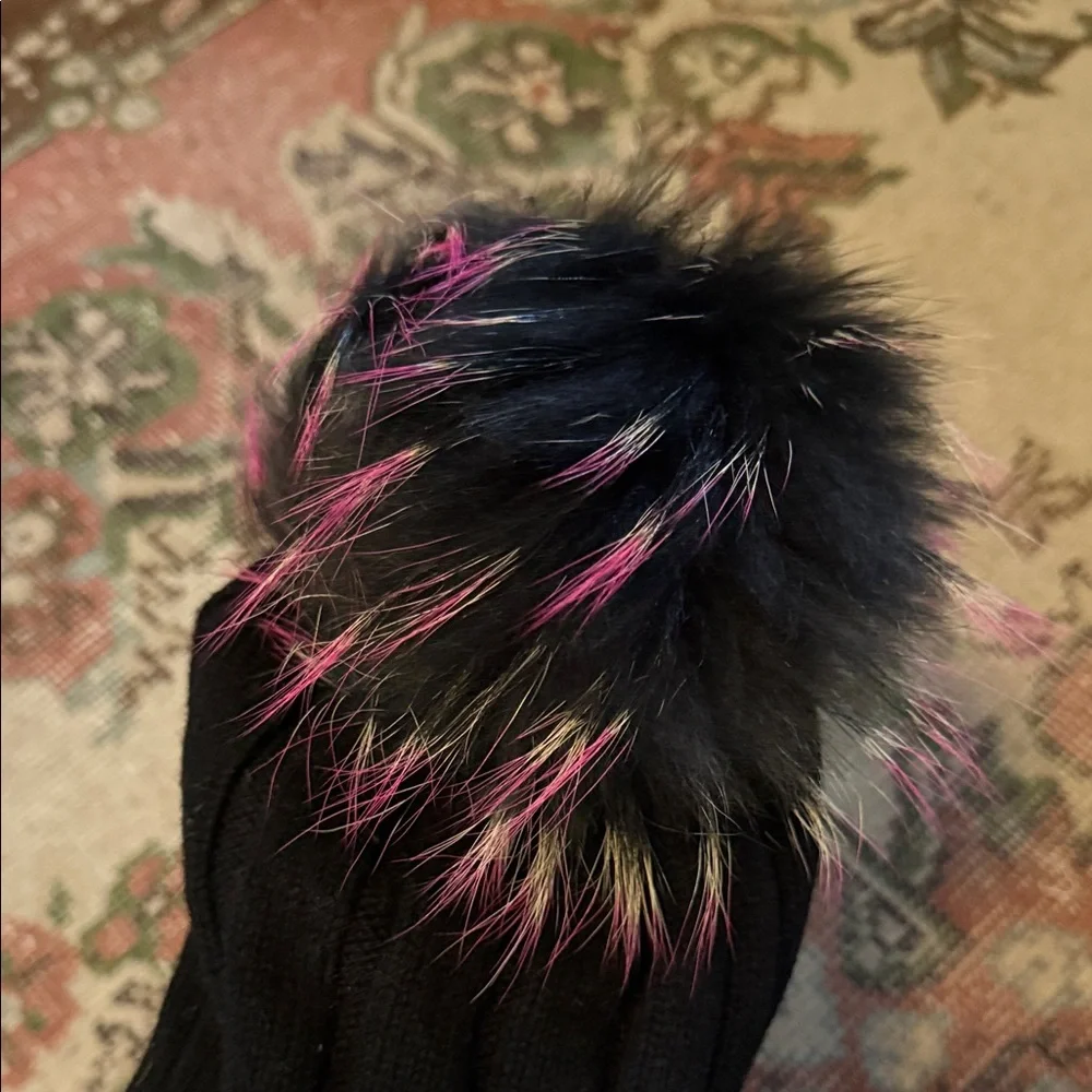Slouchy Black Beanie with Purple Pouf - Picture 2 of 2